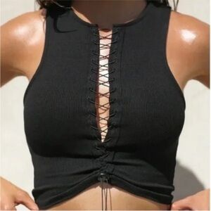 Joah Brown Black Lace-Up Ribbed Tank Top